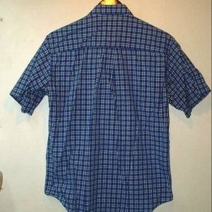 LL Bean blue plaid   short sleeve shirt  med 15 1/2  100 cotton